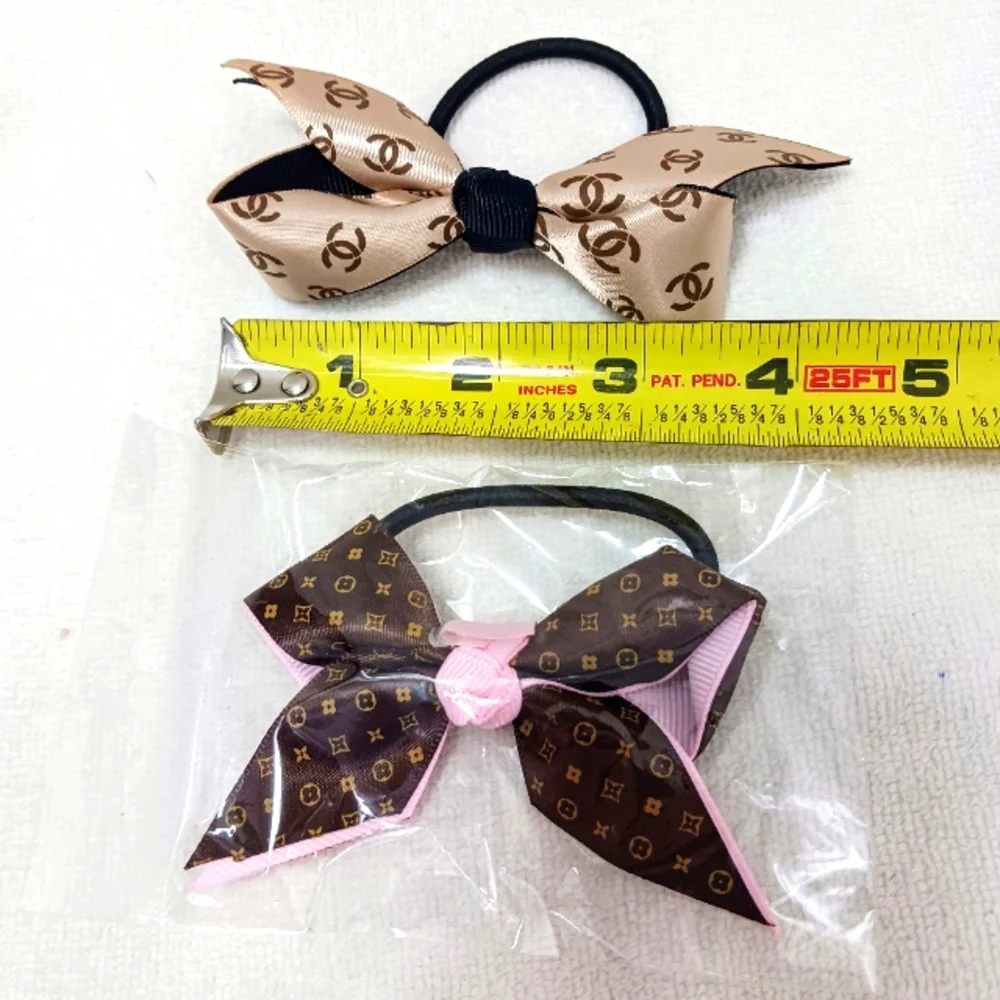 2 Fashion Hair Bands BOWS Monogram Ponytail Holder Ribbon BROWN BEIGE‎ Brand New